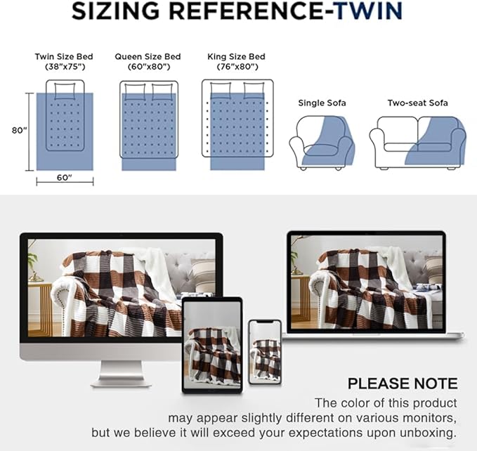 PU MEI Sherpa Blanket Twin Plaid Thick Bed Blanket, 60”*80” Super Soft Flannel Fuzzy Fleece Reversible Velvet Plush Warm Blanket for Couch(Brown-Check, 60"*80")-StrideForce Fitness