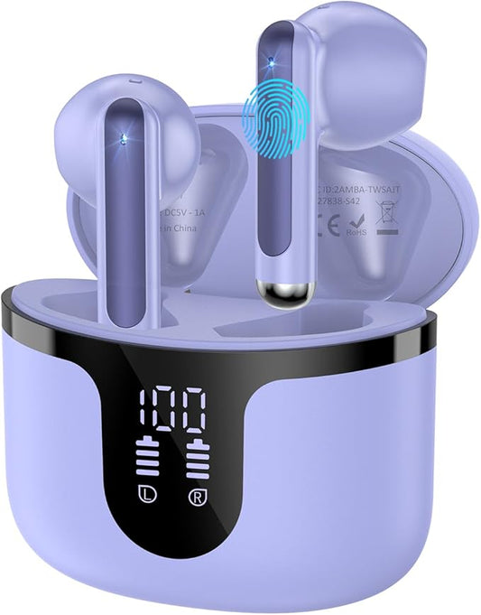 Wireless Earbuds, 2025 Bluetooth 5.3 Headphones HiFi Stereo 50H Playback Ear Buds with Led Digital Display, ENC Noise Cancelling Earbuds for Laptop Computer, iOS, Android, Purple-StrideForce Fitness