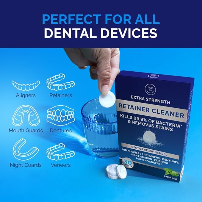 Retainer Cleaning Bundle by Pop On - 30 Retainer Cleaner Tablets, 1 Aligner Cleaner Fresh Foam, 1 Soft Bristle Toothbrush, 1 Mirror Case for Mouth Guards, Night Guards, Invisalign, Veneers, Dentures