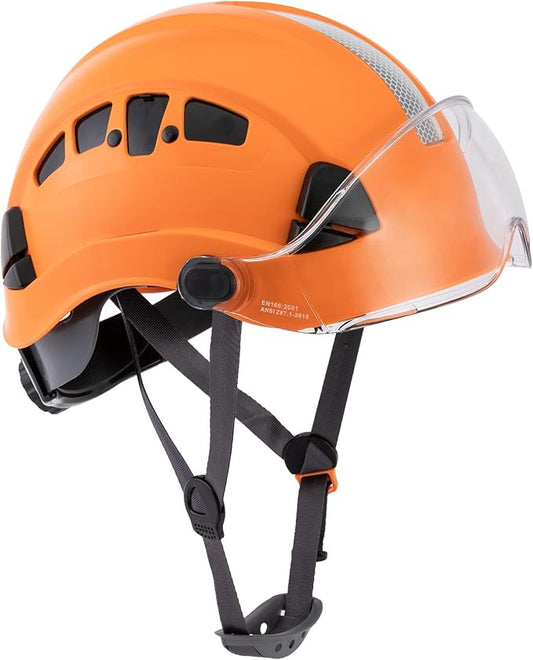 LOHASPRO Hard Hats Construction Safety Helmet with Visor ANSI Z89.1 Approved OSHA Hardhat, Vented Men Work Hard Hat with Chin Strap Tree Climbing Arborist Helmet (P4 Orange+Clear Visor)-StrideForce Fitness