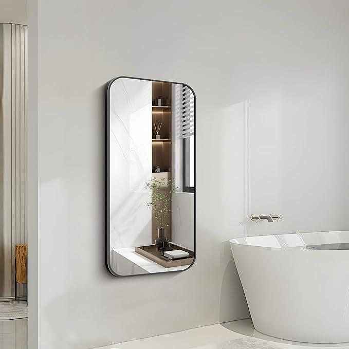 FORBATH Bathroom Mirror 20" x 40", Rectangle Black Bathroom Mirror with Black Aluminum Frame Rounded Corner, Wall Mounted Mirror for Bedroom Entryway Living Room-StrideForce Fitness