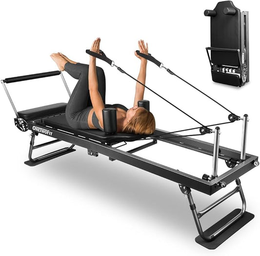 ONETWOFIT Pilates Reformer, Foldable Pilates Machine & Equipment for Home Gym Workout Suitable for Advanced and Beginners Max 440LBS Gray-StrideForce Fitness