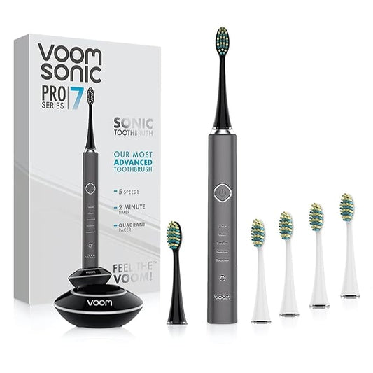 Voom Sonic Pro 7 Rechargeable Electronic Toothbrush + Pro 7 Series Replacement Brush Heads - 2-Minute Timer with Quadrant Pacing & 5 Adjustable Speeds,Soft Dupont Nylon Bristles Oral Care - Sliver