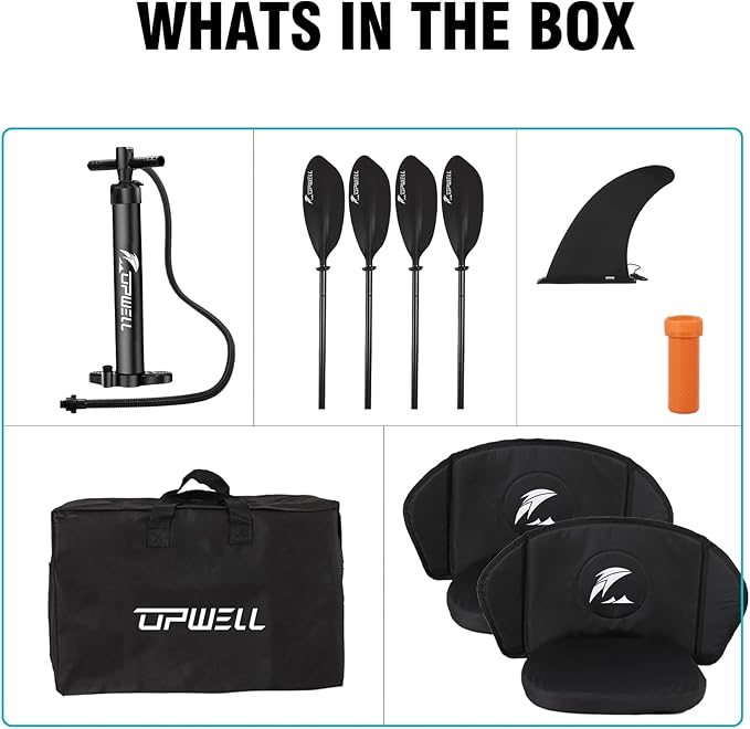 UPWELL 11'/14'6”Inflatable Kayak with Drop Stitch Floor and Accessories Including Kayak Seat with Thickened Cushion, Paddle, Fin, Repair Kits, Carry Bag and Hand Pump-StrideForce Fitness