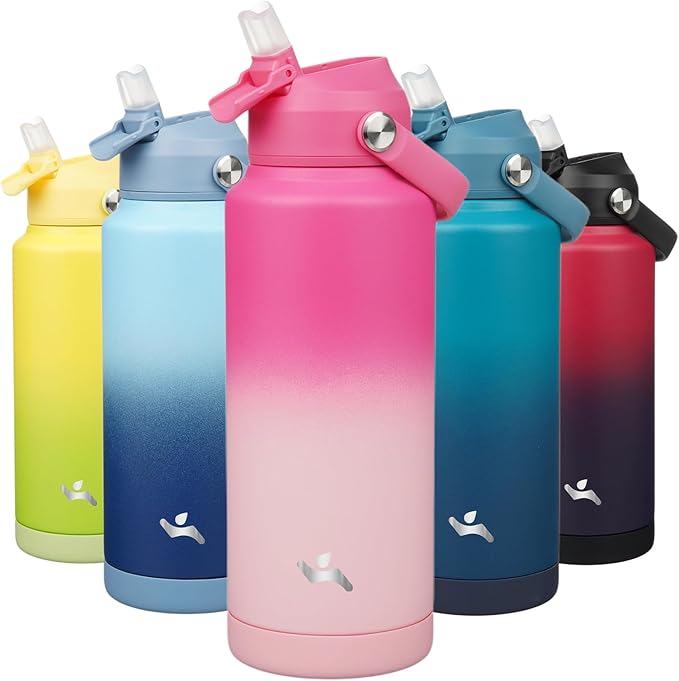 Insulated Water Bottle with Straw Lid,32 oz Stainless Steel Vacuum Metal Bottle with Silicone Handle,Cherry Blossom-StrideForce Fitness