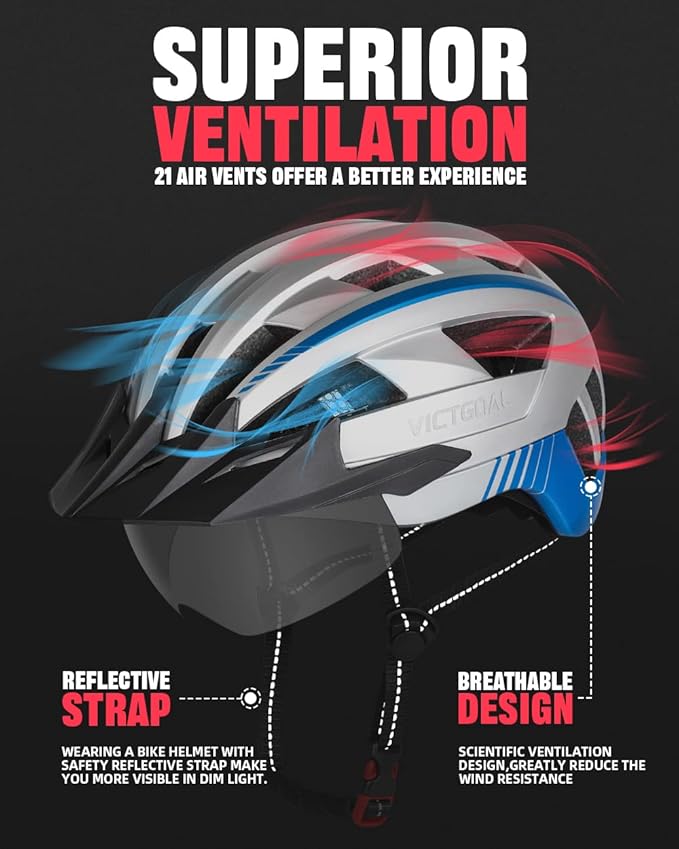 VICTGOAL Bike Helmet for Men Women with Led Light Detachable Magnetic Goggles Removable Sun Visor Mountain & Road Bicycle Helmets Adjustable Size Adult Cycling Helmets-StrideForce Fitness