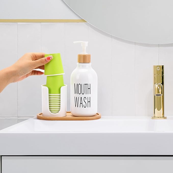 Mouthwash Dispenser with Cup Holder, Plastic White Mouth Wash Pump Bottle with Tray for Bathroom Organizers, 17oz Refillable Clear Mouthwash Container