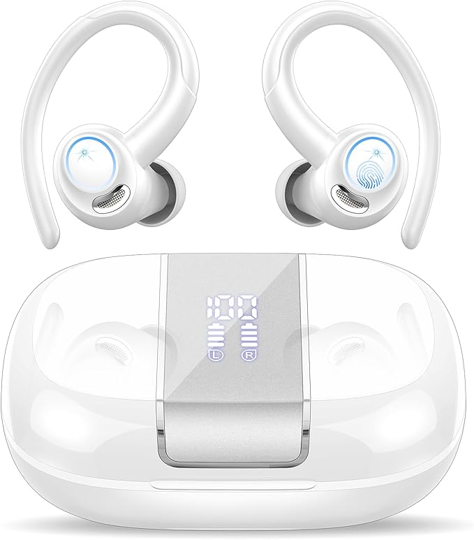 Wireless Earbuds Bluetooth 5.3 Headphones Sports, 48Hrs Playtime Bluetooth Earbuds with CVC 8.0 Mic, 2025 Stereo Bass Over Ear Bud with Earhooks, LED Display, IP7 Waterproof Earphon for Running White-StrideForce Fitness