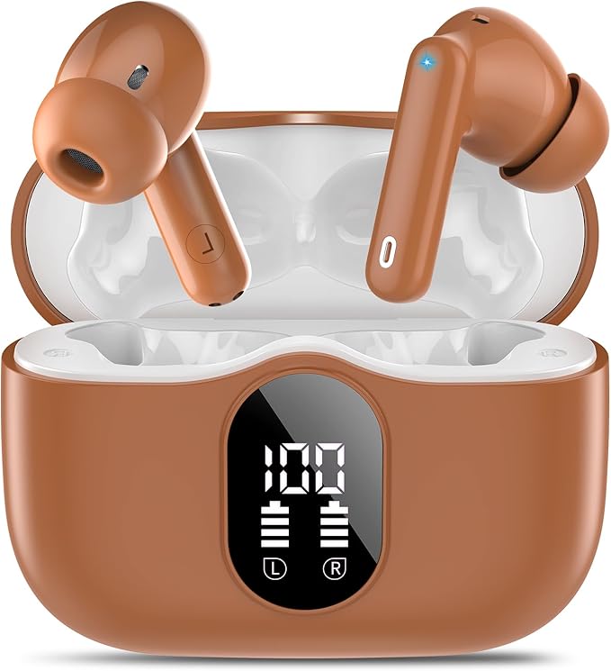 Wireless Earbuds, Bluetooth 5.4 Headphones Bass Stereo, Ear Buds with Noise Cancelling Mic, IP7 Waterproof in Ear Earphones, 36H LED Display Bluetooth Earbuds for Laptop Pad Phones Sports, Brown-StrideForce Fitness
