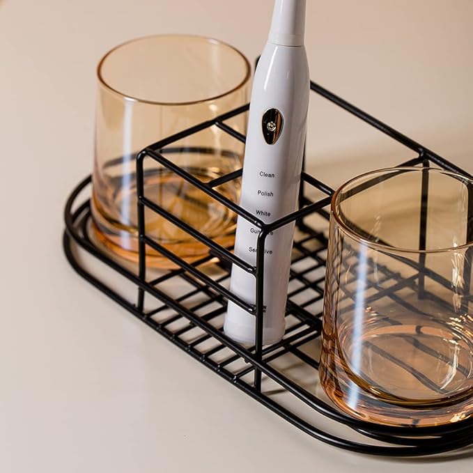 Toothbrush Holder with Cup Holder Electric Toothbrush Toothpaste Holder, Stainless Steel Bathroom Stand or Wall-Mounted Black