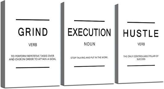 Framed Canvas Wall Art Success Quote - Office Wall Art, White Large Poster, Positive Motivational Set of 3 Prints, Execute Grand Hustle Poster, Inspirational Print (C-3pcs,20x30inchx3pcs)-StrideForce Fitness