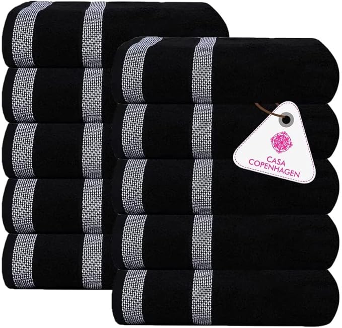 CASA COPENHAGEN, Solitaire 10 Pieces Hand Towel Set- Jet Black, 600 GSM, 16x28 Inches, Designed in Denmark Super Soft Egyptian Cotton Towels for Bathroom & Kitchen-StrideForce Fitness