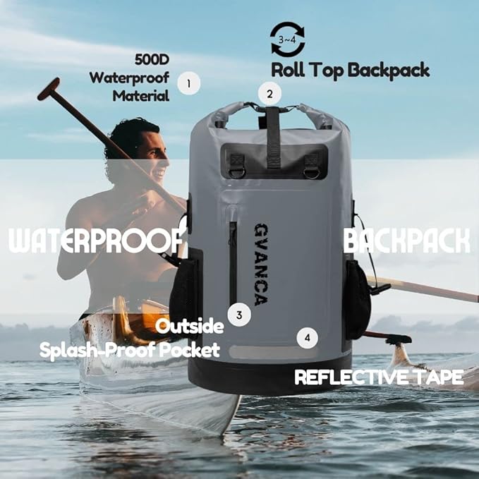 Waterproof Roll Top Kayak Dry Backpack, Floating Outdoor Dry Sack Boating Sailing Canoeing Rafting Fishing Camping 35L Grey-StrideForce Fitness
