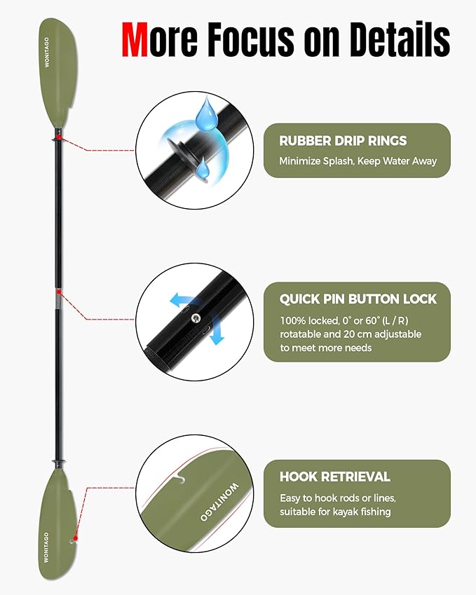 Angler Kayak Paddle with Fiberglass Shaft and Plastic Blade, Floating Adjustable Fihsing Kayak Oar, 220-240 cm/86-94", 240-260 cm/94-102", 260-280 cm/102-110"-StrideForce Fitness
