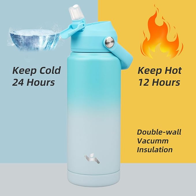 Insulated Water Bottle with Straw Lid,24 oz Stainless Steel Vacuum Metal Bottle with Silicone Handle,Sea Salt-StrideForce Fitness