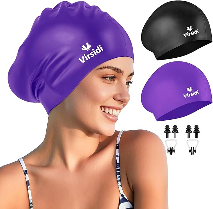 2 Pack Large Swim Caps for Long Hair, Silicone Swimming Cap for Adult Women Men, Waterproof Swim Hats Bathing Caps to Keep Hair Dry with Bonus Nose Clip and Earplugs-StrideForce Fitness