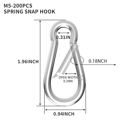 200PCS M5 Spring Snap Hook Carabiner, 2IN Heavy Duty Galvanized Steel Carabiner Clip, 220LBS Holding Capacity Spring Clips for Hammock Swing Outdoor Travel-StrideForce Fitness