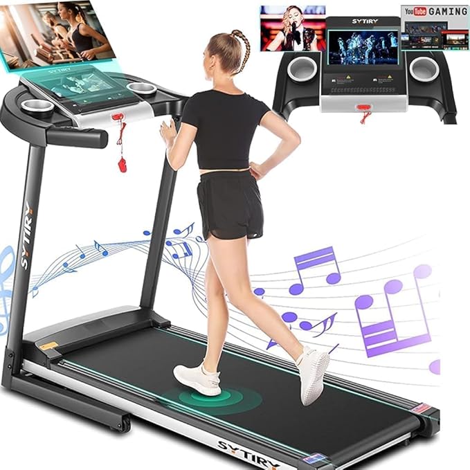 SYTIRY Treadmills for Home with TV Screen and WiFi,Smart Foldable Treadmill Machine,3D Virtual Sports Scene,HiFi Speakers,Popular APP for Social Networking,Video,and Search,Walking Treadmill-StrideForce Fitness