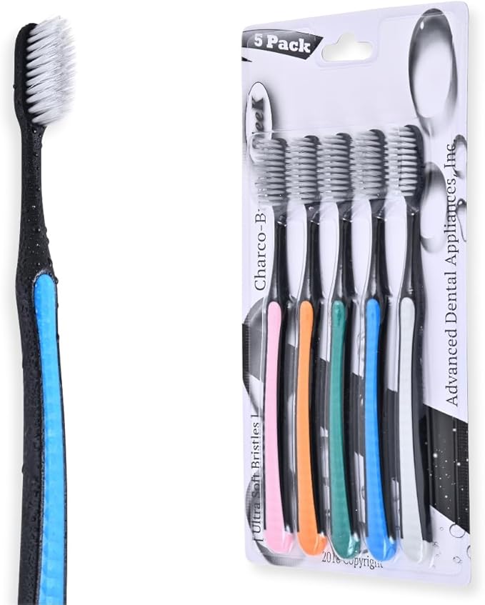 ADA Cavity Defense Activated Charcoal Toothbrush 5 Pack Ultra-Soft Flosspick Bristle for Sensitive Teeth & Gums, Aids in Teeth Whitening, Extra Soft, Slim Grip (5 Count)