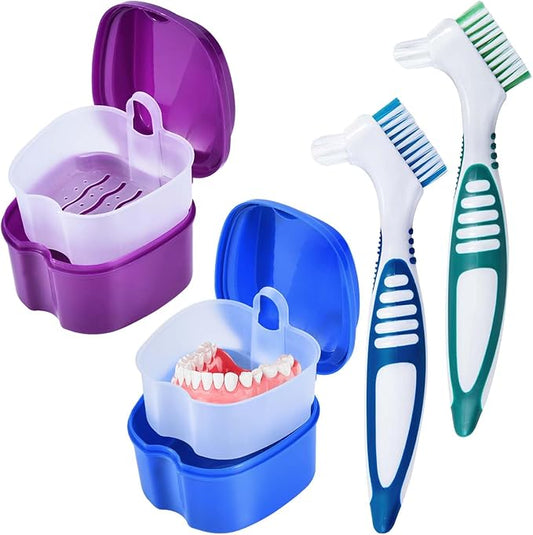 2 Pack Denture Bath Case Cup Box Holder Storage Container with Denture Cleaner Brush Strainer Basket for Travel Cleaning (Blue and Purple)