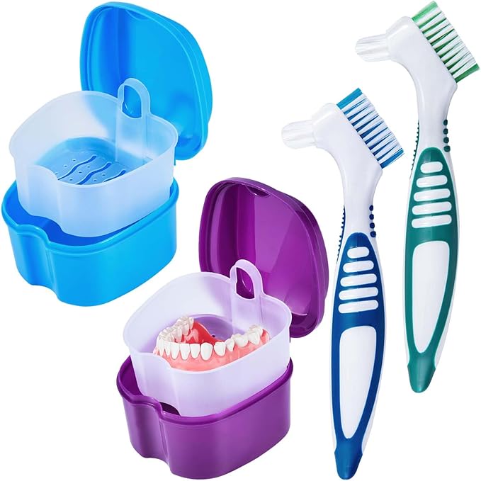 2 Pack Denture Bath Case Cup Box Holder Storage Container with Denture Cleaner Brush Strainer Basket for Travel Cleaning (Light Blue and Purple)