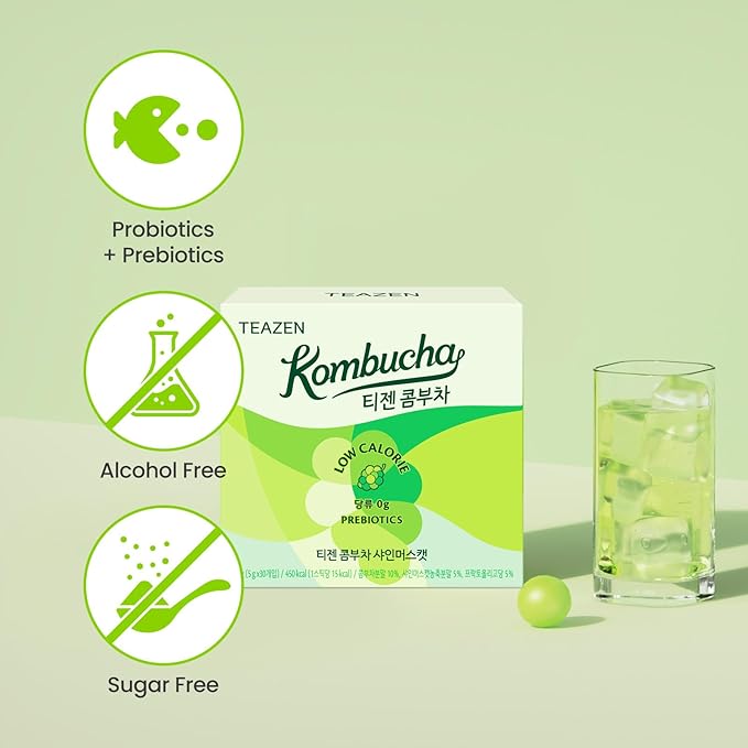 TEAZEN Shine Muscat Kombucha Tea, Electrolyte & Hydration Drink Mix, Sugar Free, Live Probiotics & Prebiotics, 30 Sticks, 5.29oz-StrideForce Fitness