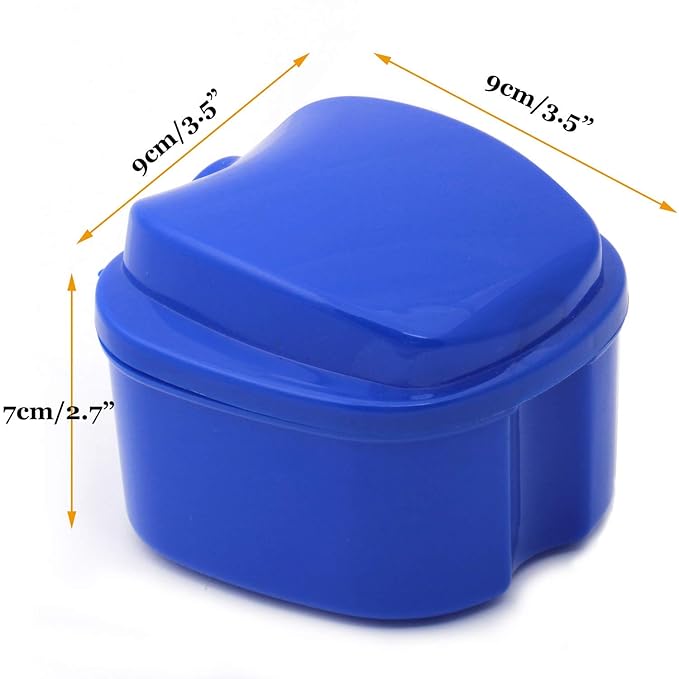 Denture Case, Denture Cup with Strainer, Coolrunner Denture Bath Box False Teeth Storage Box with Basket Net Container Holder for Travel, Retainer Cleaning (Blue) (Dark Blue)