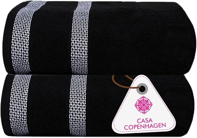 CASA COPENHAGEN Solitaire 2 Piece Bath Sheet Towel Set- Black, 600 GSM Designed in Denmark Made of Soft Egyptian Cotton for Bathroom, Kitchen & Shower-StrideForce Fitness
