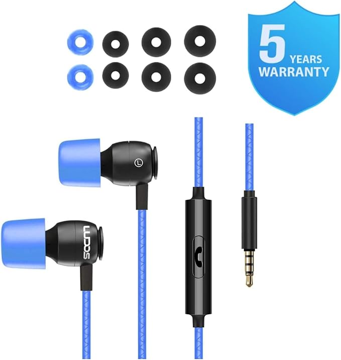 LUDOS Clamor Wired Earbuds in-Ear Headphones, 5 Years Warranty, Earphones with Microphone, Noise Isolating Ear Buds, Memory Foam for iPhone, Samsung, School Students, Kids, Women, Small Ears - Blue-StrideForce Fitness