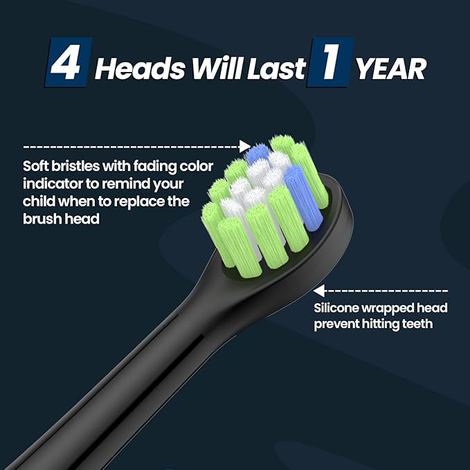 YUNCHI K5 Kids Rechargeable Electric Toothbrush with Waterproof Stickers, 3 Modes with 2 Minutes Timer, for Boys Age 4-6-8-12, Toddler Children Sonic Toothbrush with 4 Replacement Heads Soft, Black