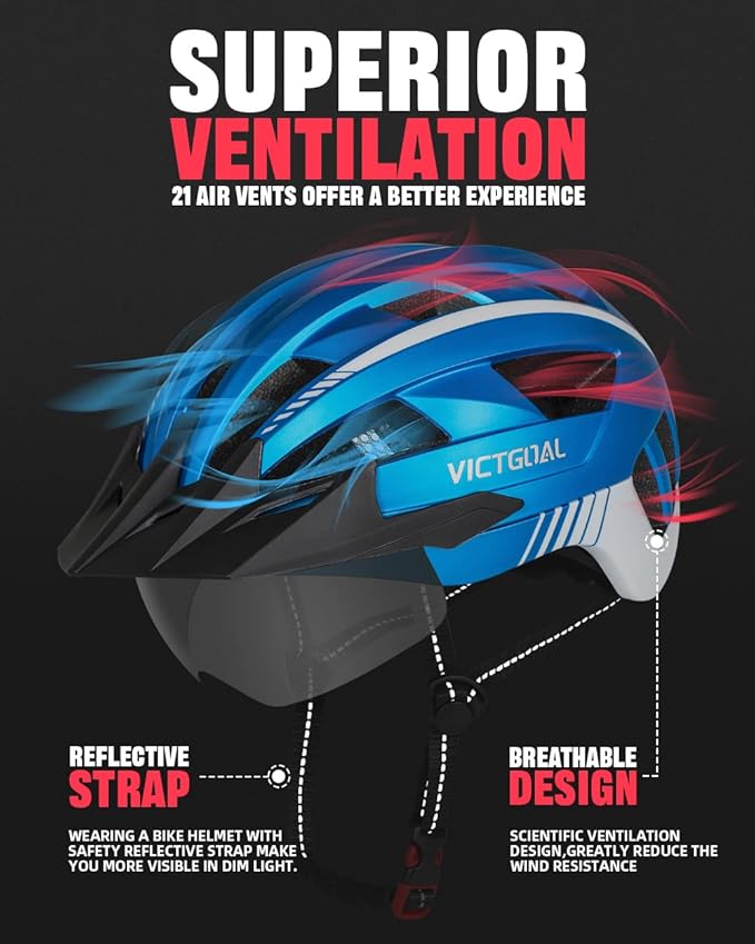 VICTGOAL Bike Helmet for Men Women with Led Light Detachable Magnetic Goggles Removable Sun Visor Mountain & Road Bicycle Helmets Adjustable Size Adult Cycling Helmets-StrideForce Fitness