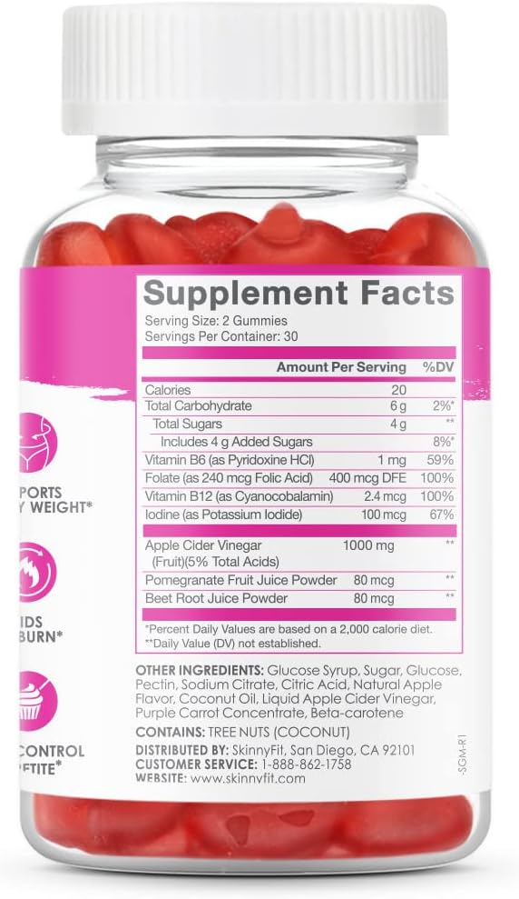 SkinnyFit Skinny Gummies Apple Cider Vinegar Gummies w/ The Mother, Healthy Weight, Immune Support, Vitamin B9, B12, Beetroot, Pomegranate, Vegan-Friendly, 60 Count-StrideForce Fitness