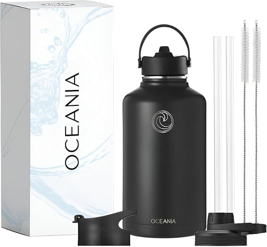 Oceania Flask 64oz Stainless Steel Water Bottles | Modern, Leakproof, Hydro BPA-Free, Insulated Water Bottle with 3 Lids, 3 Straws & 2 Straw Cleaning Brushes | Simple Camping & Hiking Water Bottles