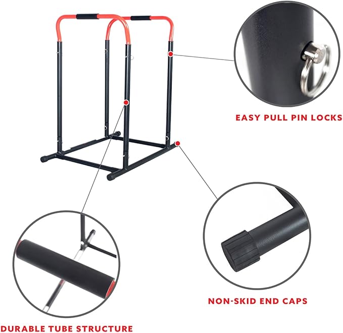 Sunny Health & Fitness Power Tower, Dip Bar, Push-Up & Pull Up Assisting Parallette Station w Optional Rock Climbing Grip Trainer-StrideForce Fitness