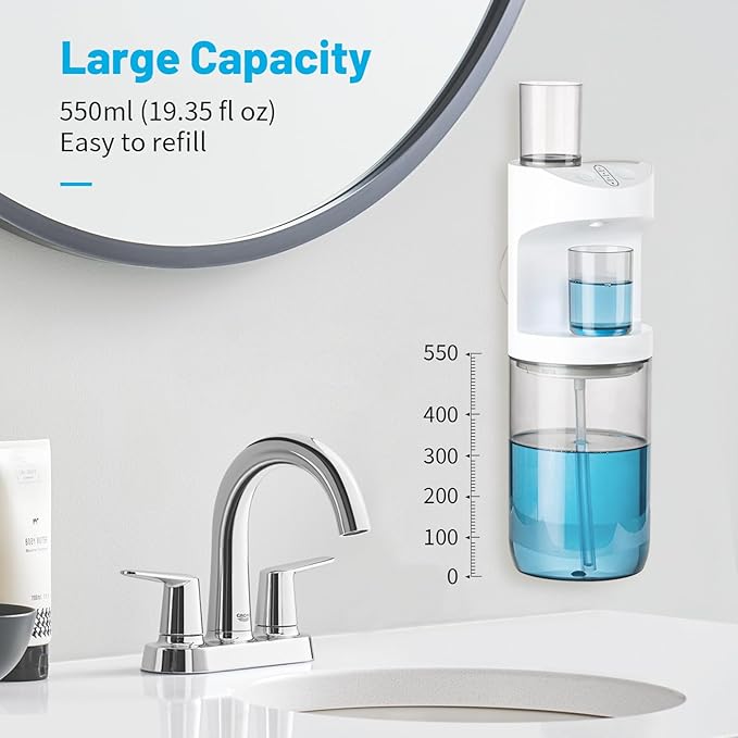 Automatic Mouthwash Dispenser, 19.35oz Touchless Electric Wall-Mounted & Countertop, Rechargeable Mouth Wash Dispensers for Bathroom with Magnetic Cups for Kids & Adults, White