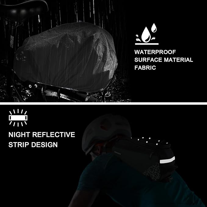 Bike Rear Rack Bag,9L PVC Waterproof Bike Trunk Bag for Road and Mountain Bikes,Bicycle Rear Seat Bag with Rain Cover Bike Saddle Bag for Cycling Trip (Pure Black)-StrideForce Fitness