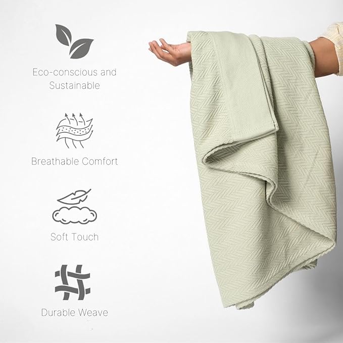 100% Cotton Herringbone Weave Blankets, 108" X 90" King, Throw Blanket for Bed, All Season Cotton Blanket, Cozy Blanket,Throws & Bed Blanket, Throw Blanket for Couch, Modern Home Decor -Sage-StrideForce Fitness