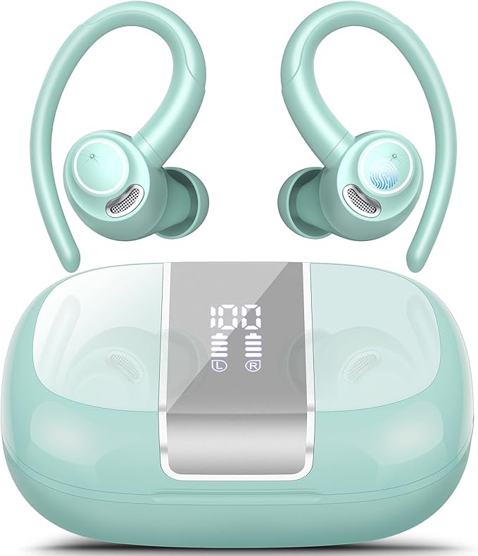 Wireless Earbuds Bluetooth 5.3 Headphones Sports, 48Hrs Playtime Bluetooth Earbuds with CVC 8.0 Mic, Stereo Bass Over Ear Bud with Earhooks, LED Display, IP7 Waterproof Earphon for Running Misty Blue-StrideForce Fitness
