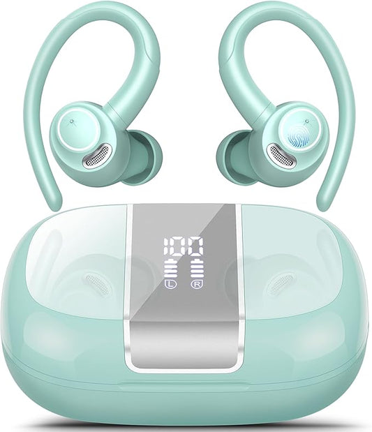 Wireless Earbuds Bluetooth 5.3 Headphones Sports, 48Hrs Playtime Bluetooth Earbuds with CVC 8.0 Mic, Stereo Bass Over Ear Bud with Earhooks, LED Display, IP7 Waterproof Earphon for Running Misty Blue-StrideForce Fitness