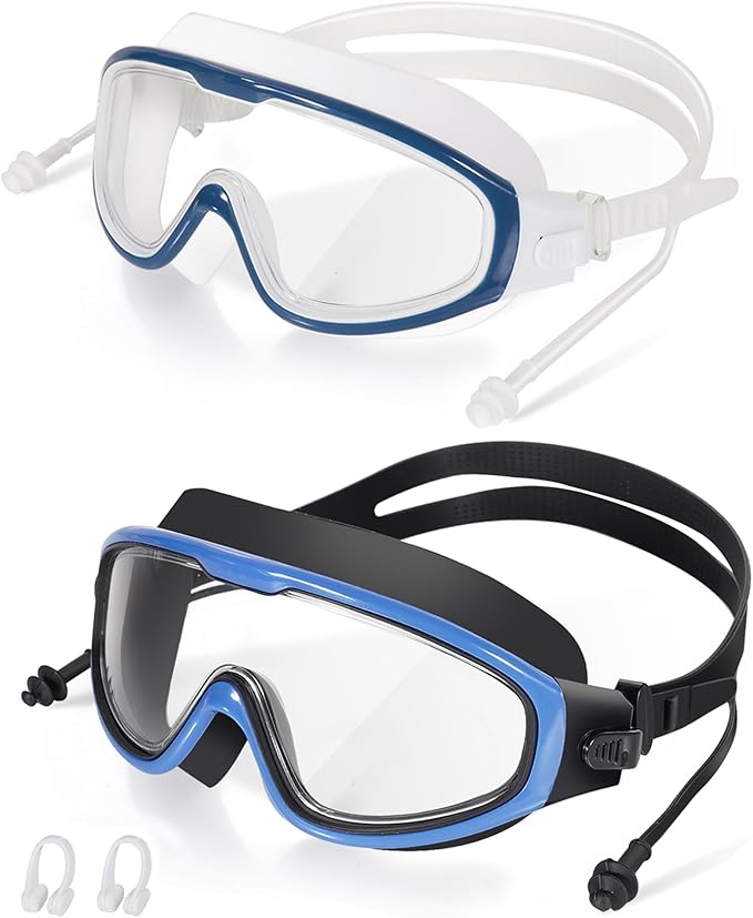 Adult Swimming Goggles,Leak-Proof,Anti-Fog Pool Glasses,Wide View Swim Goggles with Ear Plugs and Nose Clip-StrideForce Fitness
