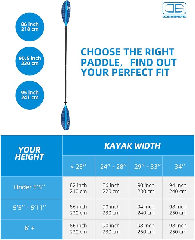 OCEANBROAD Kayak Paddle 86in/218cm, 90.5in/230cm, 95in/241cm Alloy Shaft Kayaking Boating Canoeing Oar with Paddle Leash-StrideForce Fitness