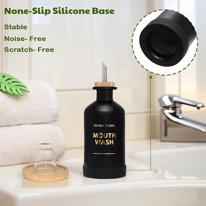 Mouthwash Dispenser for Bathroom 11.8oz – Glass Mouthwash Bottle with Cup & Bamboo Tray, Gold Hot-Stamped Lettering, Silicone Base, Modern Bathroom Accessory (Black)