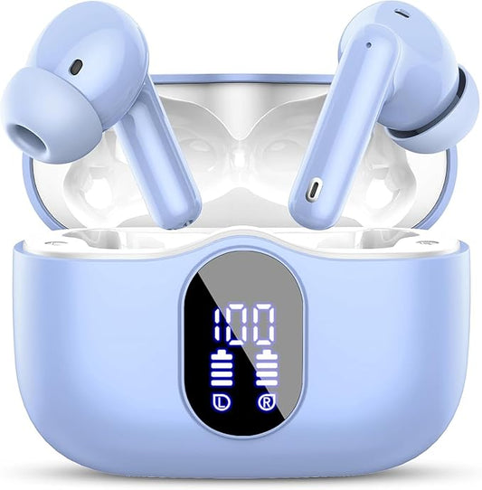 Wireless Earbuds, Bluetooth 5.4 Headphones Bass Stereo, Ear Buds with Noise Cancelling Mic, IP7 Waterproof in Ear Earphones, 36H LED Display Bluetooth Earbuds for Laptop Pad Phones Sports, Pale Blue-StrideForce Fitness