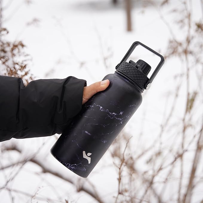 40oz Insulated Water Bottle Stainless Steel Sport Bottles with 3 Lids,Marble Midnight-StrideForce Fitness