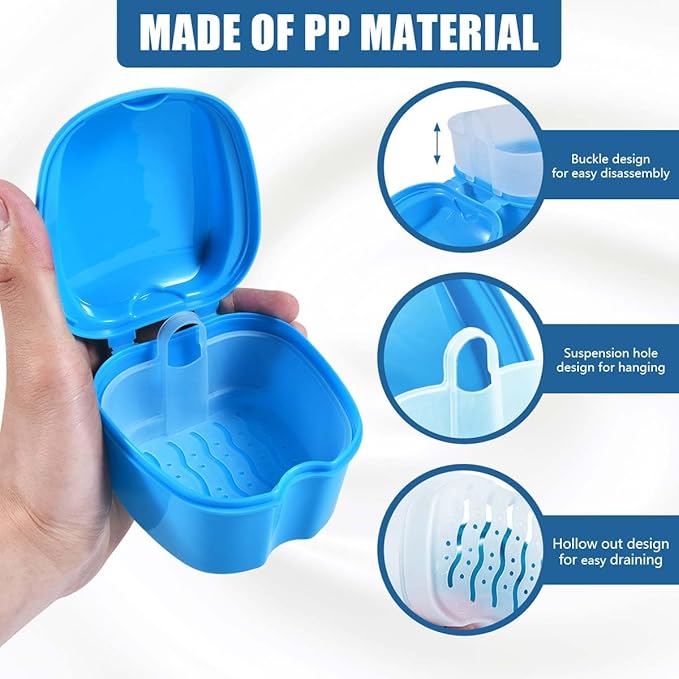 2 Pack Denture Bath Case Cup Box Holder Storage Container with Denture Cleaner Brush Strainer Basket for Travel Cleaning (Light Blue and Pink)
