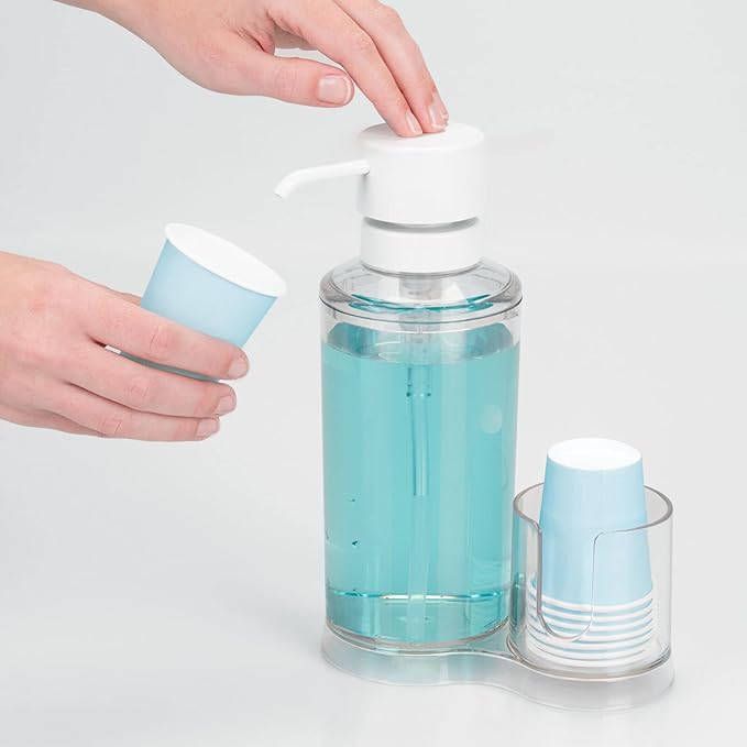 mDesign Plastic Refillable Mouthwash Dispenser and Cup Storage Organizer for Bathroom Vanity, Countertop, Cupboard - Includes 8 Paper Cups - Lumiere Collection - Clear/Matte White