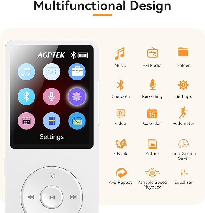 AGPTEK A02 MP3 Player with Bluetooth 5.3, 1.8 inch Screen Portable Music Player with Speaker, FM Radio, Voice Recorder, Supports Expanded Up to 128GB(White, 64GB)-StrideForce Fitness