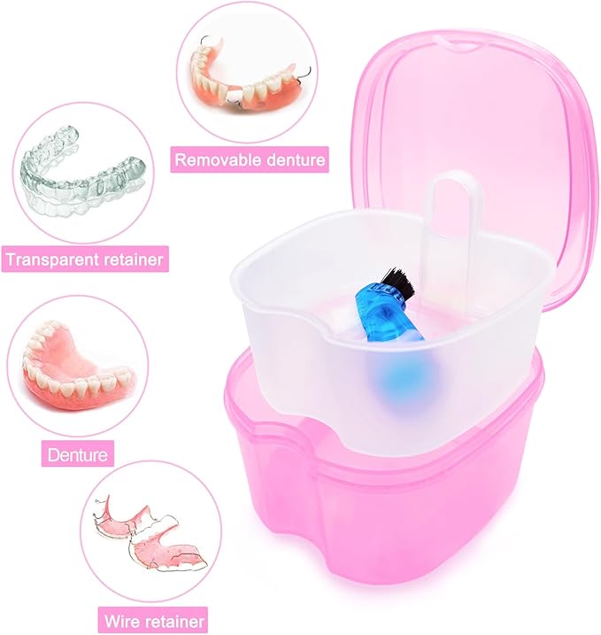 Denture Bath Case Denture Soaking Cup with Brush, Denture Holder Case Retainer Cleaning Case False Teeth Storage Box for Travel and Daily Use