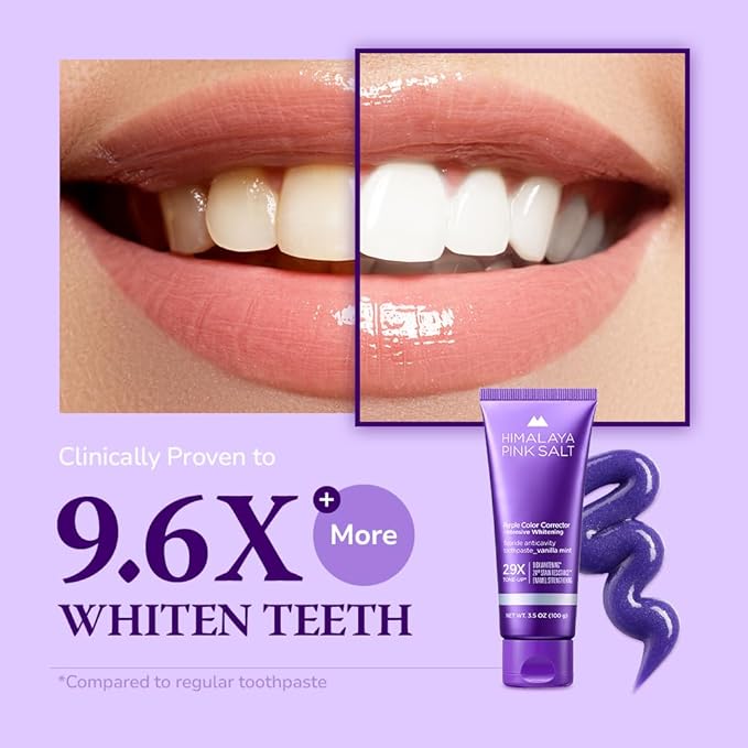 HIMALAYA PINKSALT Purple Whitening Toothpaste - Teeth Whitening, Deep Stain Remover with Fluoride, Plaque Remover, Appropriate for Sensitive Teeth, Peroxide Free - Vanilla Mint, 3.5 oz