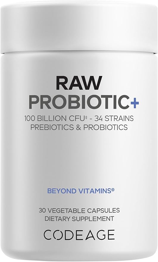 Codeage Raw Probiotic+ Supplement - 34 Probiotic Strains, 100 Billion CFUs, Raw Whole Food Probiotics, Digestive Enzymes, Raw Fruits & Veggies Prebiotics - Wild Kefir Culture - Non-GMO - 30 Capsules-StrideForce Fitness